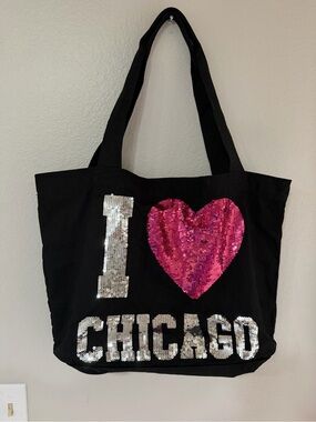 Victorias Secret PINK - I ❤️ Chicago - Love - Zip Top Tote Bag - XL - Sequin